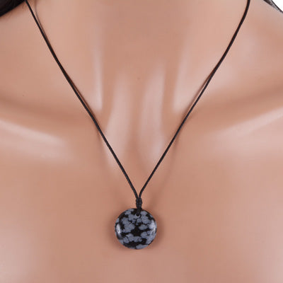 Magnificent Gemstone Snowflake Obsidian Round Shape Black Cotton Cord Pendant Necklace - R1900232-1