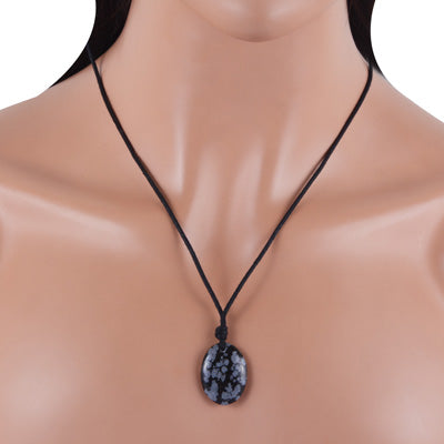 Magnificent Gemstone Snowflake Obsidian Oval Shape Black Cotton Cord Pendant Necklace - R1900232-3