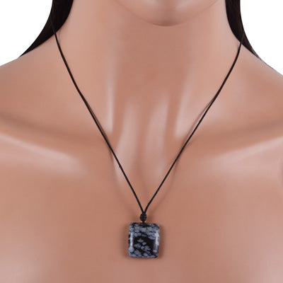 Magnificent Gemstone Snowflake Obsidian Rectangle Shape Black Cotton Cord Pendant Necklace - R1900232-7