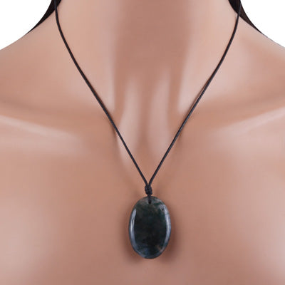 Magnificent Gemstone Moss Agate Oval Shape Black Cotton Cord Pendant Necklace - R1900235-12