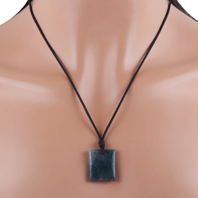 Magnificent Gemstone Moss Agate Rectangle Shape Black Cotton Cord Pendant Necklace - R1900235-20