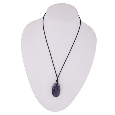 Magnificent Gemstone Charoite Oval Shape Black Cotton Cord Pendant Necklace - R1900247-4