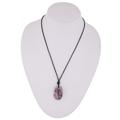 Magnificent Gemstone Charoite Oval Shape Black Cotton Cord Pendant Necklace - R1900247-9