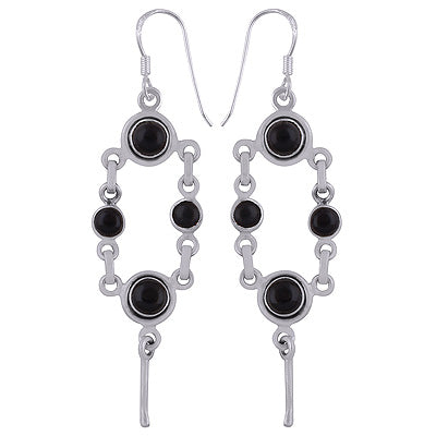 Magnificently Connected Gemstones Black Onyx Round Shape 925 Sterling Solid Silver Dangle Earrings - R2200008-25