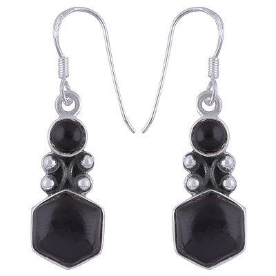 Minimal Rawa Work Around Black Onyx Round,Hexagon Shape 925 Sterling Solid Silver Dangle Earrings - R2200009-6