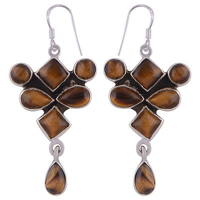 Gorgeous Tiger Pattern On Tiger's Eye Multi Shapes 925 Sterling Solid Silver Dangle Earrings - R2200010-17