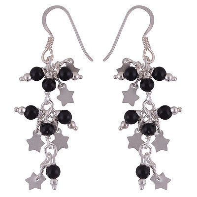 Beautiful Gemstone Beads with Star Charm Black Onyx Round Shape 925 Sterling Solid Silver Dangle Earrings - R2200014-27