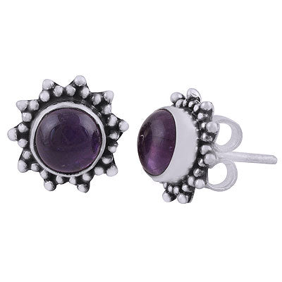 Alluring Oxidised Rawa Work Around Amethyst Round Shape 925 Sterling Solid Silver Stud Earrings - R2200016-16