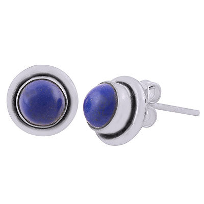 Stunning Oxidised Handcrafted Lapis Round Shape 925 Sterling Solid Silver Stud Earrings - R2200016-29