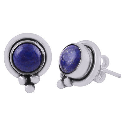 Beautiful Minimal Rawa Work At Bottom Lapis Round Shape 925 Sterling Solid Silver Stud Earrings - R2200016-30