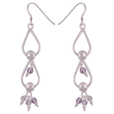 Stunning Gemstone Beads Hanging Around Amethyst Round Shape 925 Sterling Solid Silver Dangle Earrings - R2200017-1