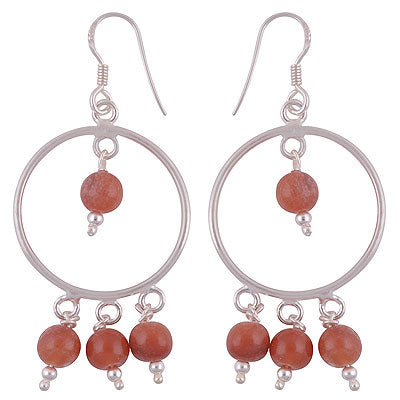 Alluring Hanging Beads Around Circle Orange Aventurine Round Shape 925 Sterling Solid Silver Dangle Earrings - R2200017-17
