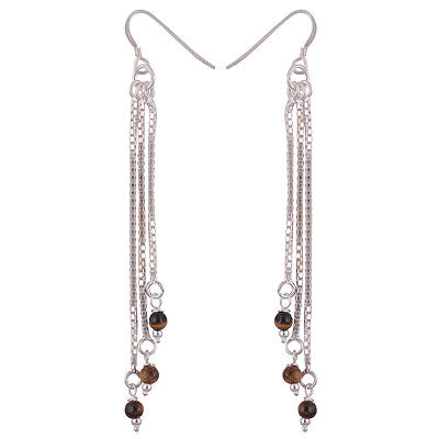 Alluring Hanging Gemstone Beads Tiger's Eye Round Shape 925 Sterling Solid Silver Dangle Earrings - R2200017-20