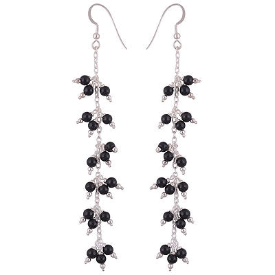 Gorgeous Gemstone Beads Hanging Black Onyx Round Shape 925 Sterling Solid Silver Dangle Earrings - R2200018-20