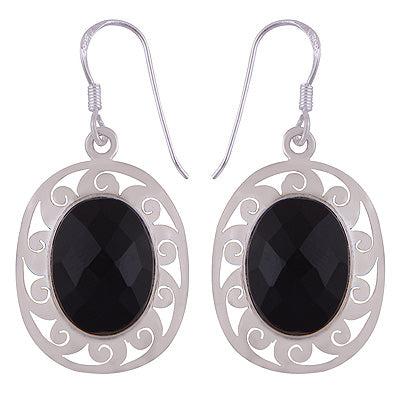 Stunning Work Around Black Onyx Oval Shape 925 Sterling Solid Silver Dangle Earrings - R2200021-16