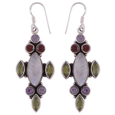 Gorgeous Multicoloured Gemstone Around Amethyst,Garnet,Peridot,Rainbow Moonstone Round,Marquise Shape 925 Sterling Solid Silver Hanging Earrings - R2200024-24