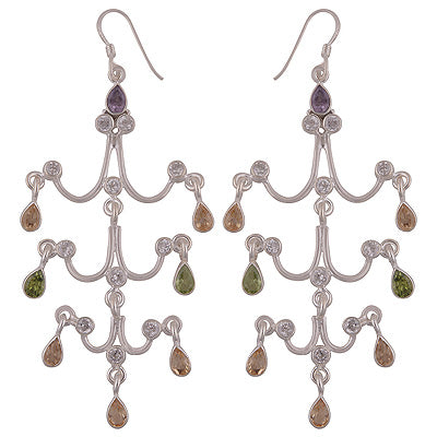 Beautiful Chandelier Inspired Amethyst,Peridot,Citrine,White Cubic Zirconia Pear,Round Shape 925 Sterling Solid Silver Dangle Earrings - R2200025-21