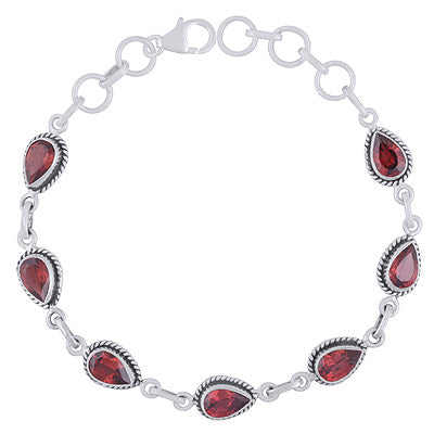 Authentic Wire Work Around Seven Stone Garnet Pear Shape 925 Sterling Solid Silver Bracelet - R2300488-2