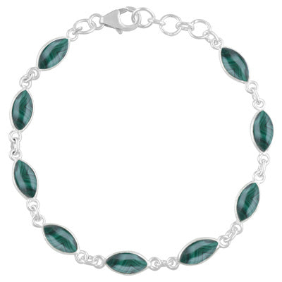 Nine Gemstone Malachite Marquise Shape 925 Sterling Solid Silver Bracelet - R2400406-12