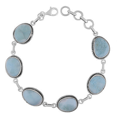 Authentic Wire Work Around Six Stone Larimar Irregular Shape 925 Sterling Solid Silver Bracelet - R2400490-84