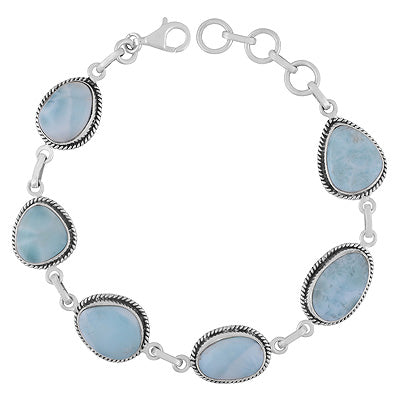 Authentic Wire Work Around Six Stone Larimar Irregular Shape 925 Sterling Solid Silver Bracelet - R2400490-88
