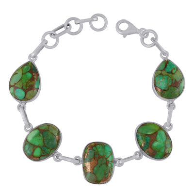 Gorgeous Multiple Shaped Gemstone Green Copper Turquoise Oval,Rectangle,Pear Shape 925 Sterling Solid Silver Bracelet - R2400536-3