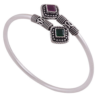 Beautiful Rawa & Wire Work Around Red Corundum,Green Corundum Square Shape 925 Sterling Solid Silver Bangles - R2700146-8