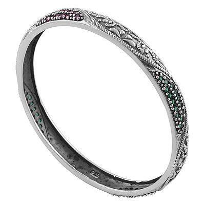 Gorgeous Gemstone Studded Around Red Corundum,Green Corundum Round Shape 925 Sterling Solid Silver Bangles - R2700151-2