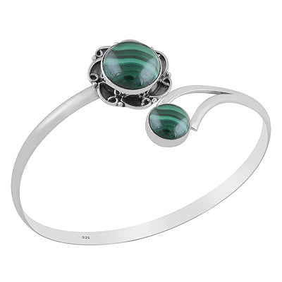 Beautiful Handcrafted Oxidised Work Around Two Stone Malachite Round Shape 925 Sterling Solid Silver Bangle - R2800159-6
