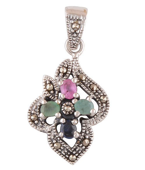 Ruby,Emerald,Blue Sapphire,Marcasite 925 Sterling Silver Pendant - R300832-1