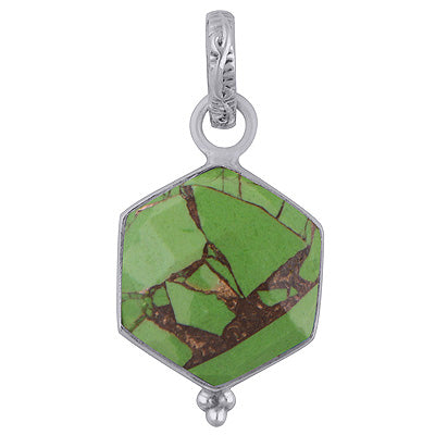 Minimal Rawa Work At Bottom Green Copper Turquoise Hexagon Shape 925 Sterling Solid Silver Pendant - R301092-1
