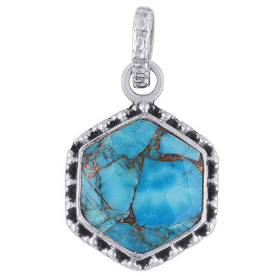 Gorgeous Rawa Work Around Blue Copper Turquoise Hexagon Shape 925 Sterling Solid Silver Pendant - R301094-2