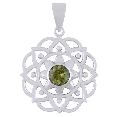 Alluring Flower Work Around Peridot Round Shape 925 Sterling Solid Silver Pendant - R301136-3