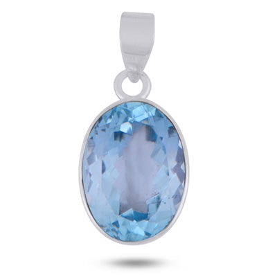 Plain Collet Natural Blue Topaz Oval Shape 925 Sterling Solid Silver Pendant - R301154-2