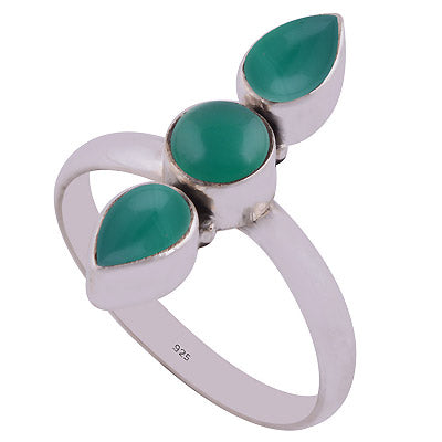 Gorgeous Three Stone Green Onyx Pear & Round Shape 925 Sterling Solid Silver Ring - R3400377-53