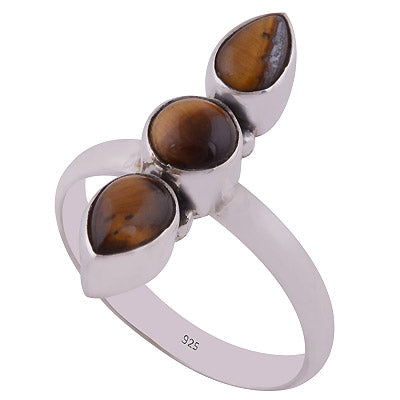 Gorgeous Three Stone Tiger's Eye Pear & Round Shape 925 Sterling Solid Silver Ring - R3400377-80