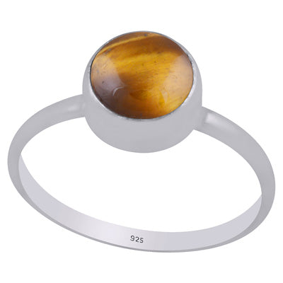 Plain Collet Natural Tiger's Eye Round Shape 925 Sterling Solid Silver Ring - R3400441-11