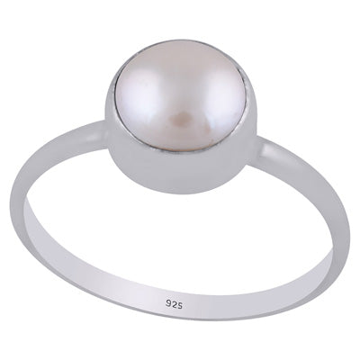 Plain Collet Natural Pearl Round Shape 925 Sterling Solid Silver Ring - R3400441-15