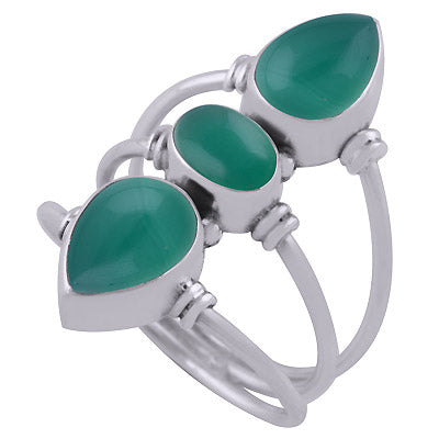 Three Band Rawa Design Green Onyx Oval & Pear Shape 925 Sterling Solid Silver Ring - R3400655-356