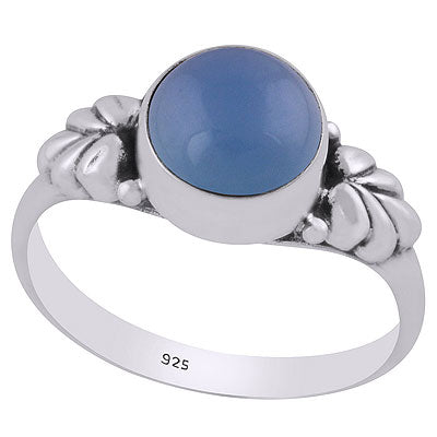 Stunning Textured Leaf Around Blue Chalcedony Round Shape 925 Sterling Solid Silver Ring - R3400682-10