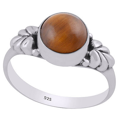 Stunning Textured Leaf Around Tiger's Eye Round Shape 925 Sterling Solid Silver Ring - R3400682-11
