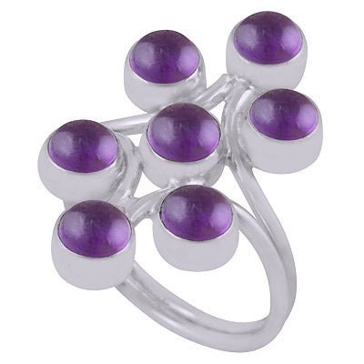 Stunning Multiple Gemstones Around Amethyst Round Shape 925 Sterling Solid Silver Ring - R3400816-85