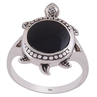 Gorgeous Tortoise Handcrafted on Black Onyx Round Shape 925 Sterling Solid Silver Ring - R3401164-30