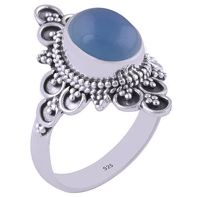Authentic Handwork Around Blue Chalcedony Oval Shape 925 Sterling Solid Silver Ring - R3401313-235