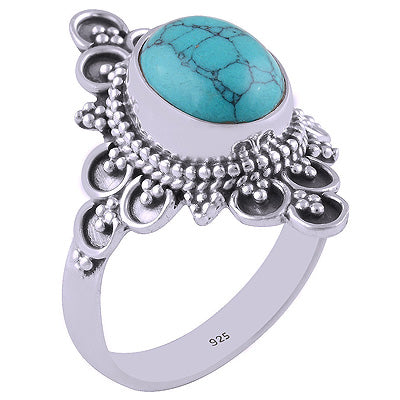 Authentic Handwork Around Turquoise Oval Shape 925 Sterling Solid Silver Ring - R3401313-5