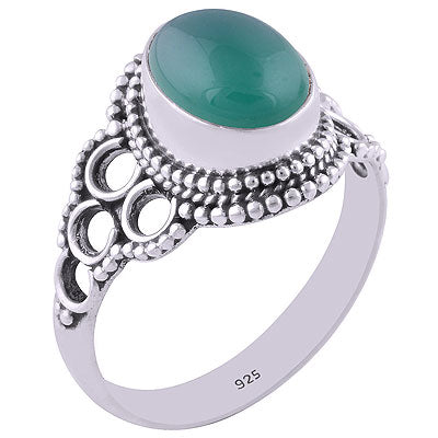 Alluring Cut Work & Rawa Work Around Green Onyx Oval Shape 925 Sterling Solid Silver Ring - R3401316-117