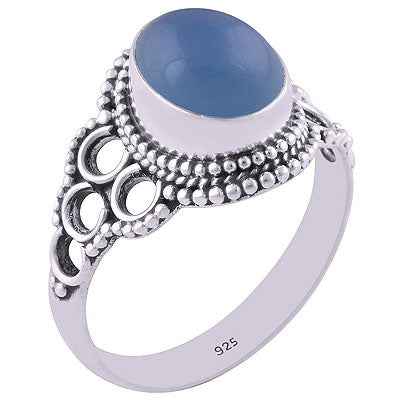 Alluring Cut Work & Rawa Work Around Blue Chalcedony Oval Shape 925 Sterling Solid Silver Ring - R3401316-227