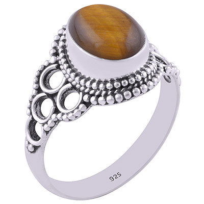 Alluring Cut Work & Rawa Work Around Tiger's Eye Oval Shape 925 Sterling Solid Silver Ring - R3401316-25