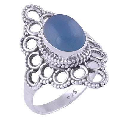Authentic Handwork Around Blue Chalcedony Oval Shape 925 Sterling Solid Silver Ring - R3401356-79