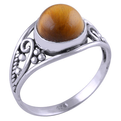 Stunning Work & Rawa Work Around Tiger's Eye Round Shape 925 Sterling Solid Silver Ring - R3401425-20